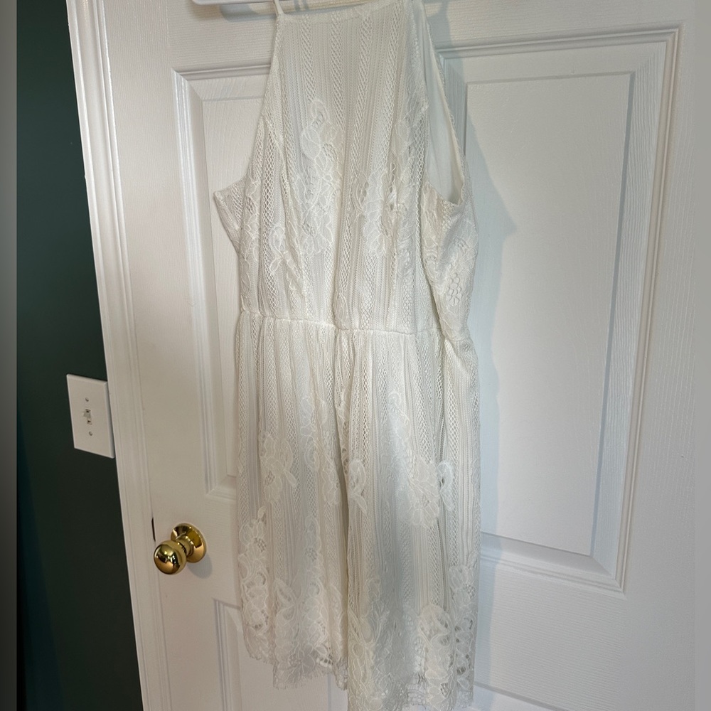 White lace halter mini dress